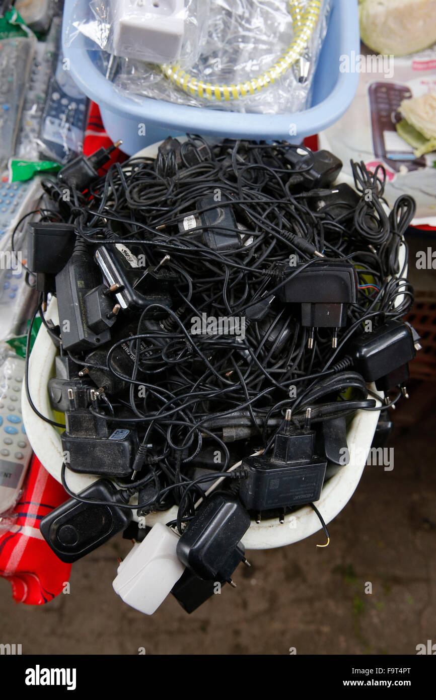Second-hand phone chargers sold on a Tunis market Stock Photo