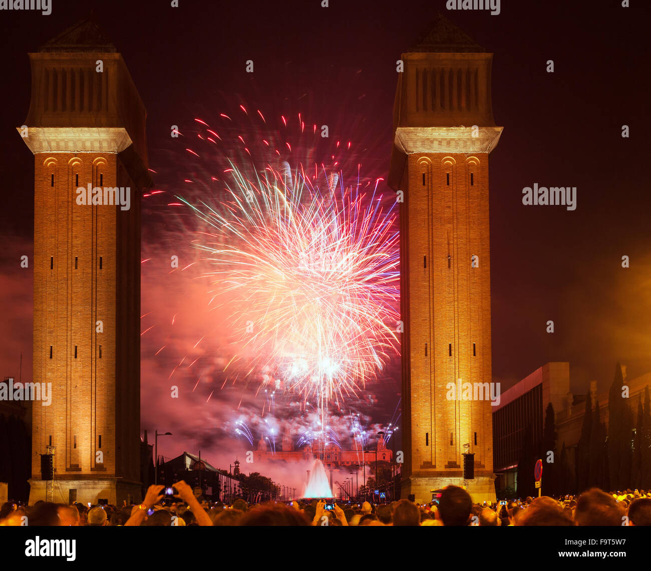 Fireworks show of La Merce Festival in night. Barcelona, Catalonia Stock Photo