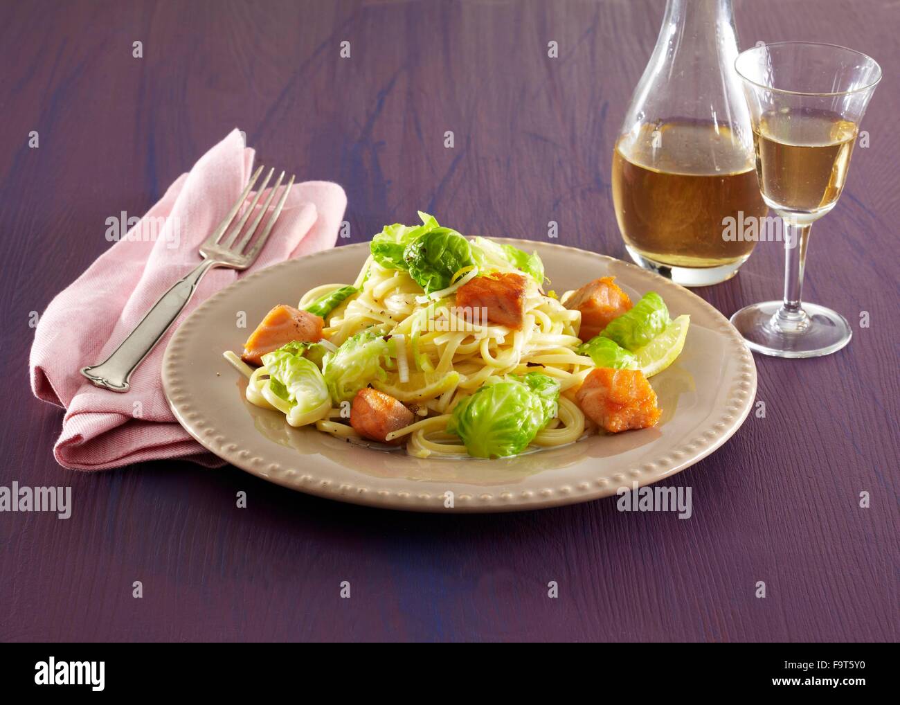 Salmon and Brussels sprouts spaghetti Stock Photo Alamy
