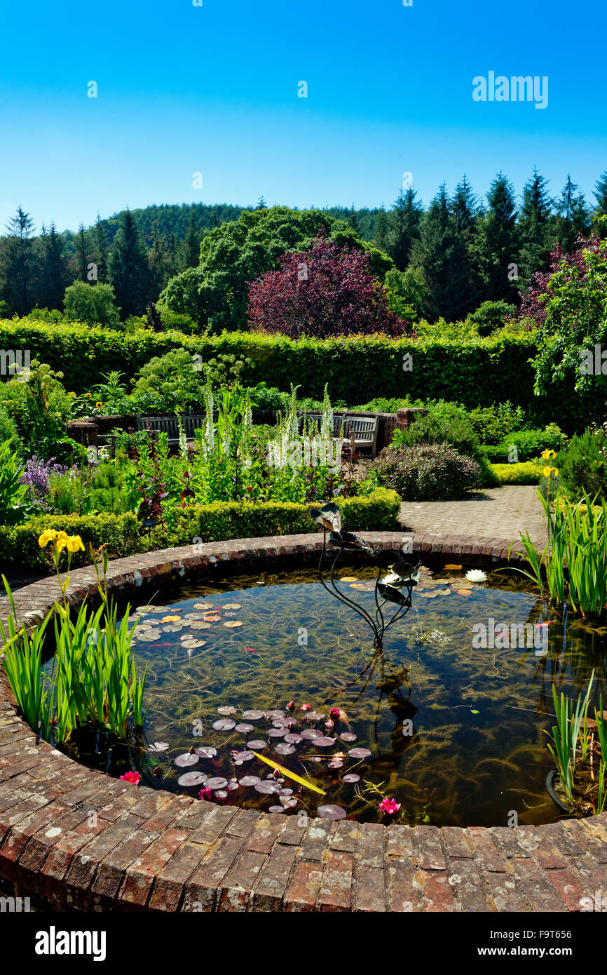 The circular ornamental pond in the Potager Garden (a combined flower and vegetable garden) at RHS Rosemoor, Devon, England, UK Stock Photo