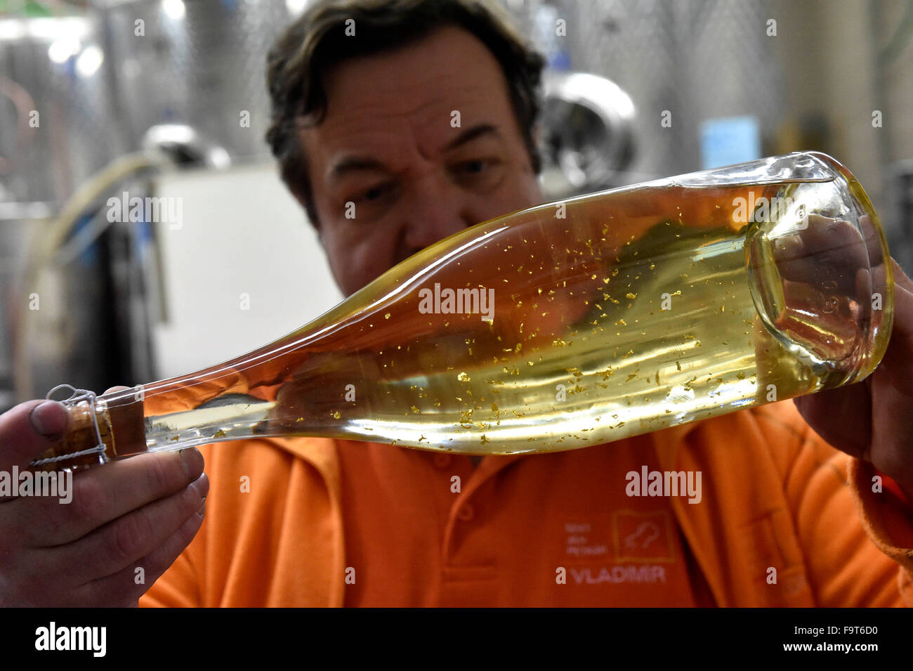 Kobyli, Czech Republic. 18th Dec, 2015. Vladimir Hribal (pictured) and his wife are the second generation of producers of the sparkling wine made from mostly ecologically grown hand-picked grapes. Family vinery Jan Petrak to create the most special sparkling wine, which is made using the classic Methode Champenoise - secondary fermentation in the bottle. Delicate and lasting sparkling is carried by flakes of 24 carat gold in Kobyli, Czech Republic, December 18, 2015. © Vaclav Salek/CTK Photo/Alamy Live News Stock Photo