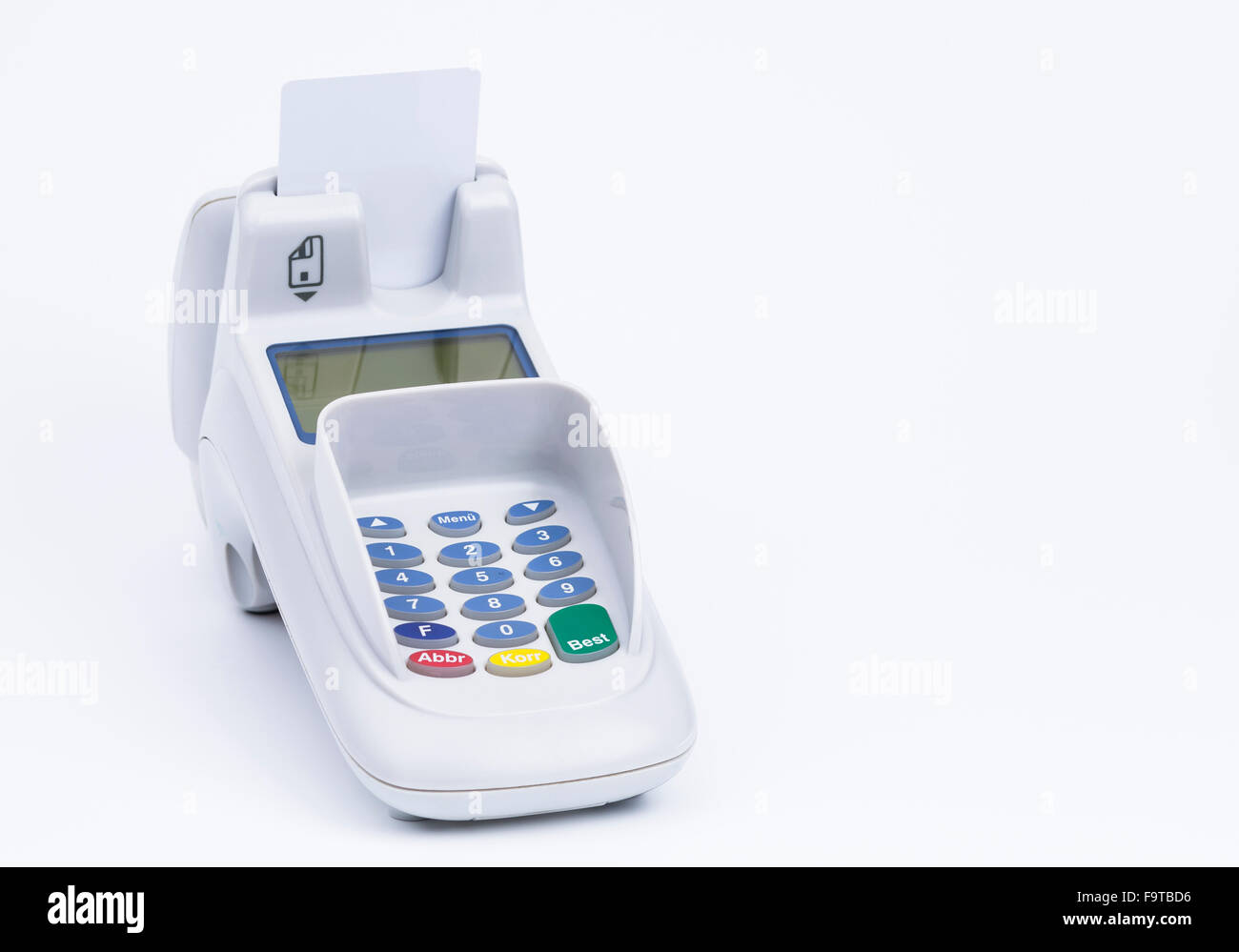 Image shows a credit card machine isolated on white Stock Photo