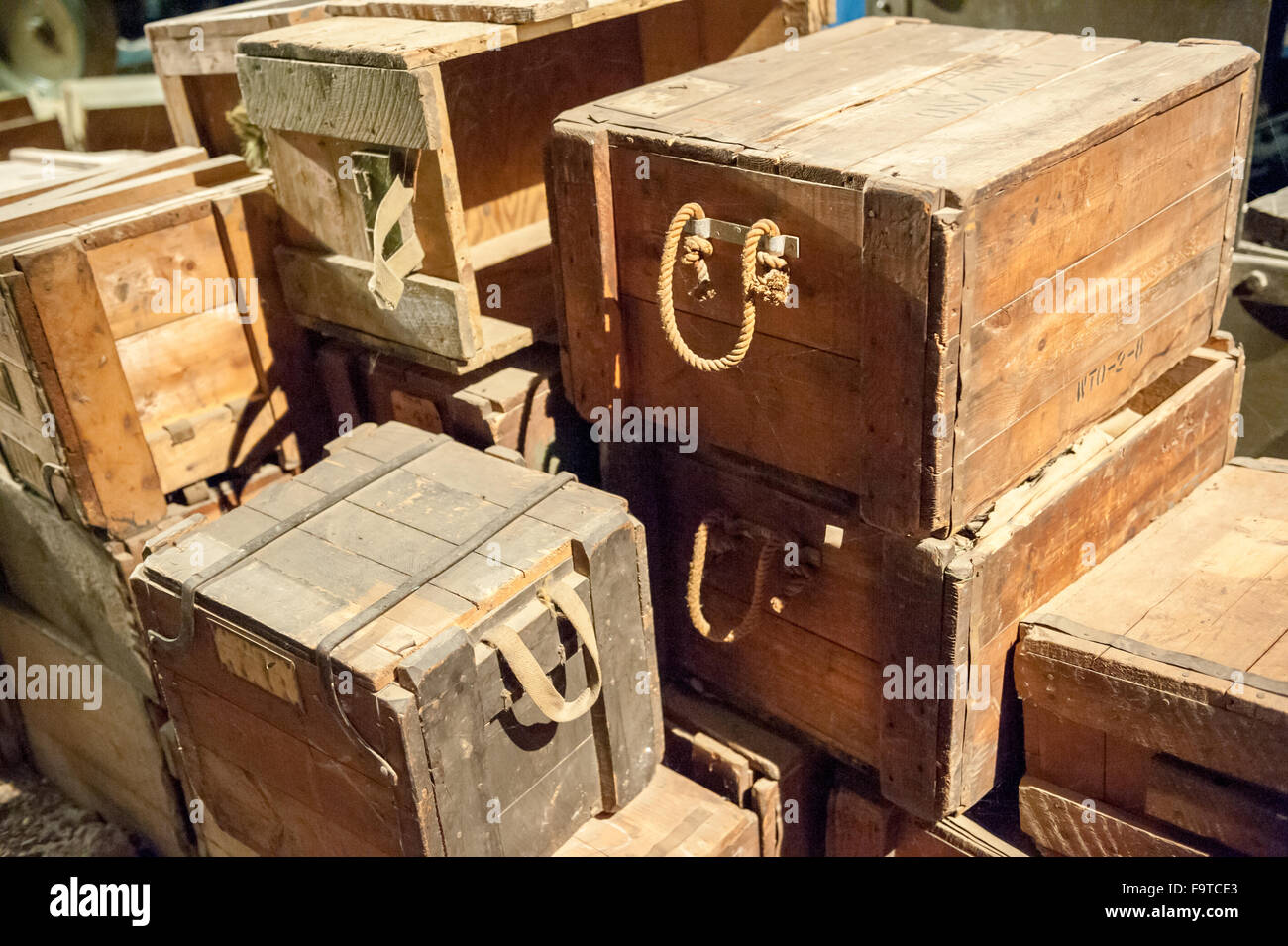 Stack Of Vintage Wooden Boxes With Rope Handles Stock Photo Alamy