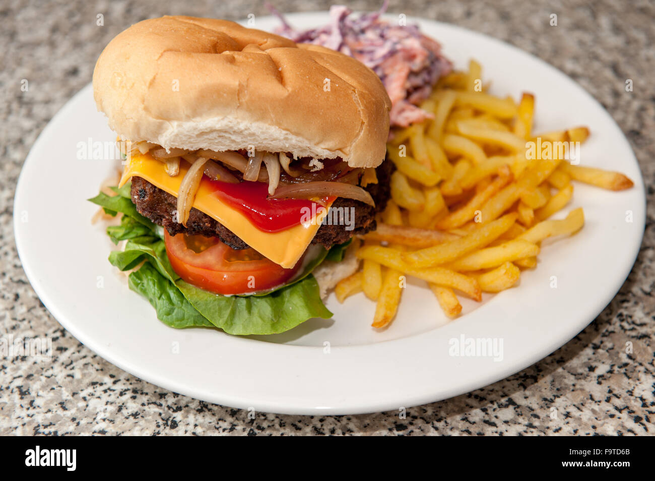 Home made beef burger in bun meal Stock Photo