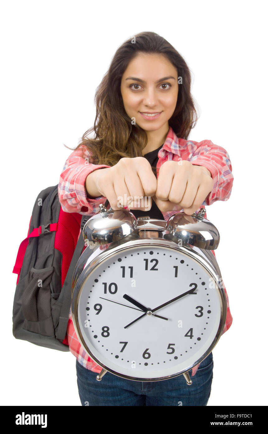 Young student girl with alarm clock Stock Photo Alamy