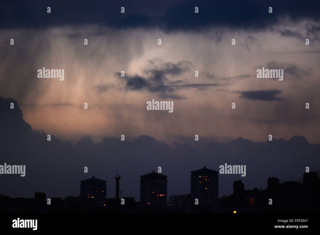 Rain comes down over Devonport tower blocks,Plymouth Stock Photo