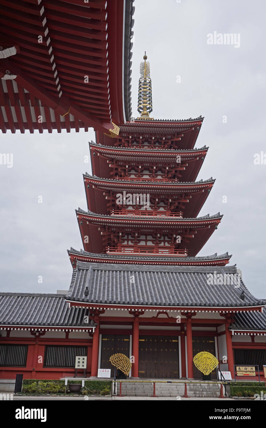 Five-storied Pagoda at Senso-ji Buddhist Temple, Asakusa, Tokyo, Japan Stock Photo