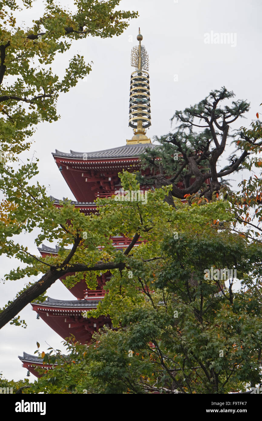 The Five-storied Pagoda at Senso-ji Buddhist Temple, Asakusa, Tokyo, Japan Stock Photo