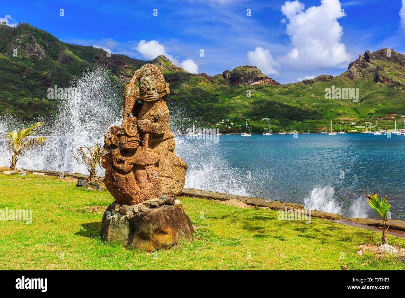 Nuku Hiva, Marquesas Islands. Tiki on the bay of Nuku Hiva. Stock Photo