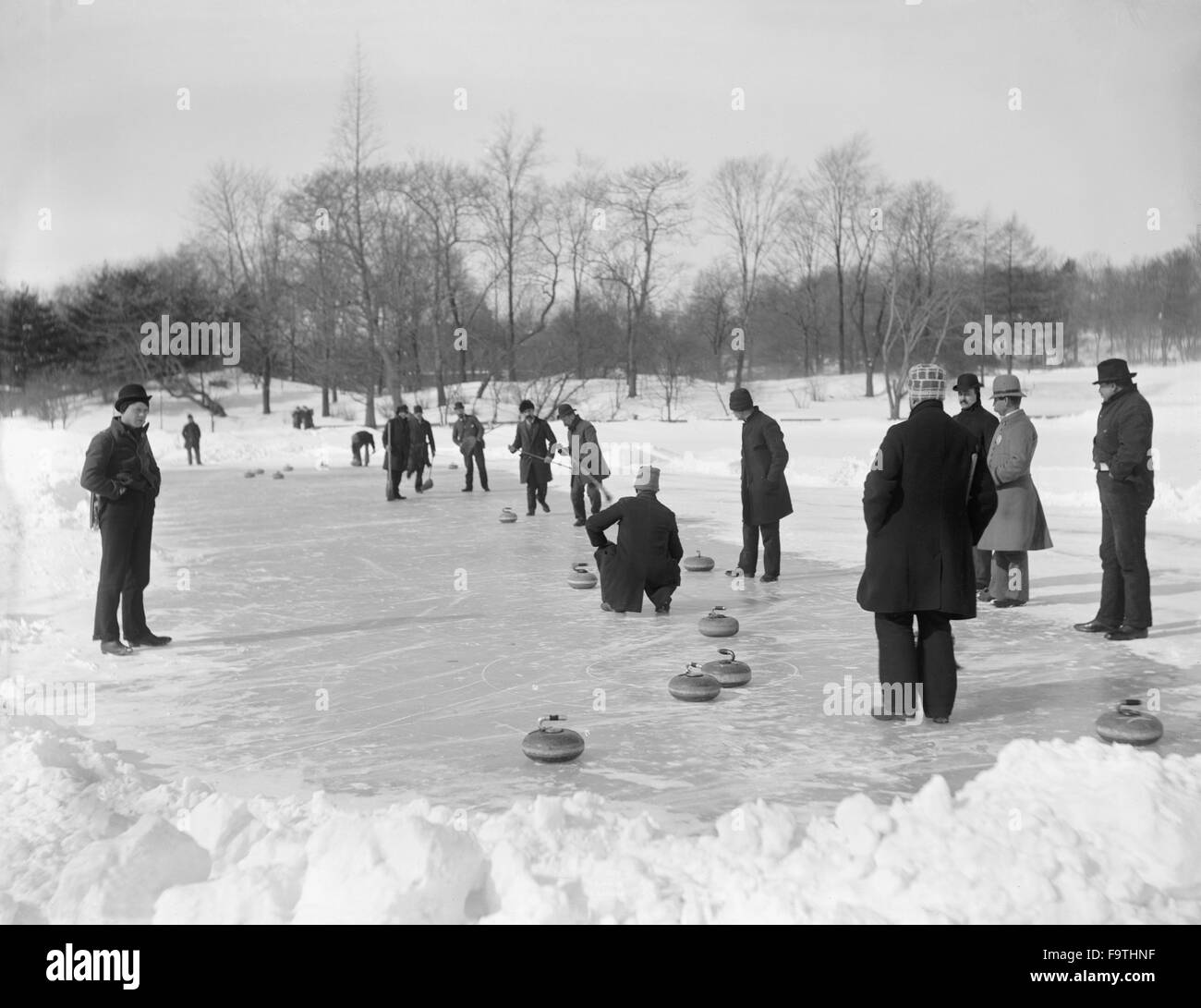 Group of Men Curling, Central Park, New York City, USA, circa 1900 Stock Photo