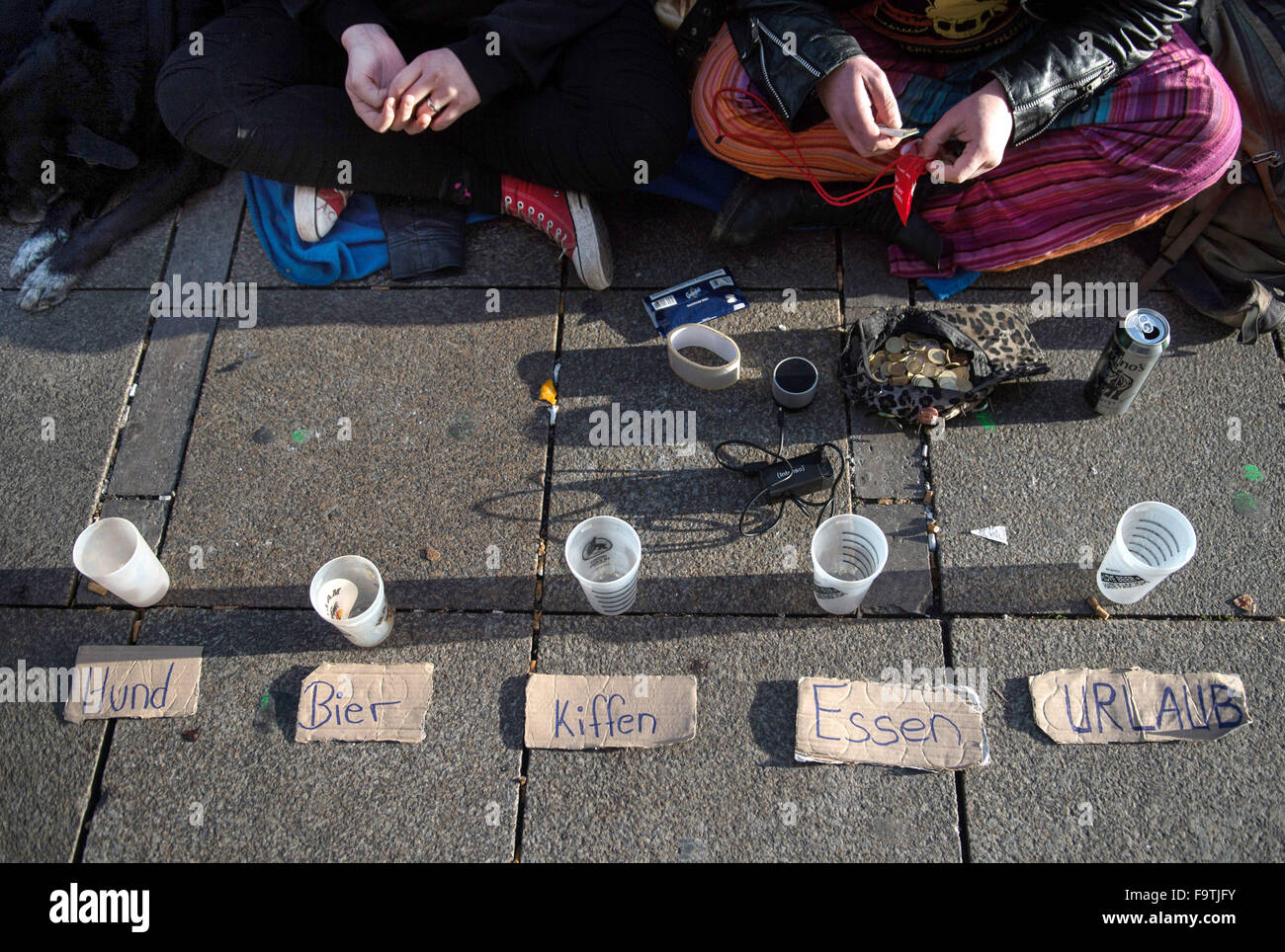 Five Cups With The Words Hund Bier Kiffen Essen And Stock Photo Alamy
