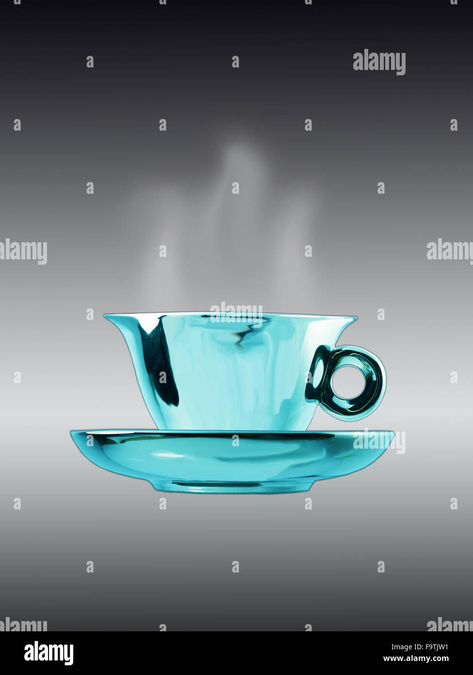 Bright metallic turquoise coloured tea cup and saucer front flat view against graduated grey background and steam rising Stock Photo