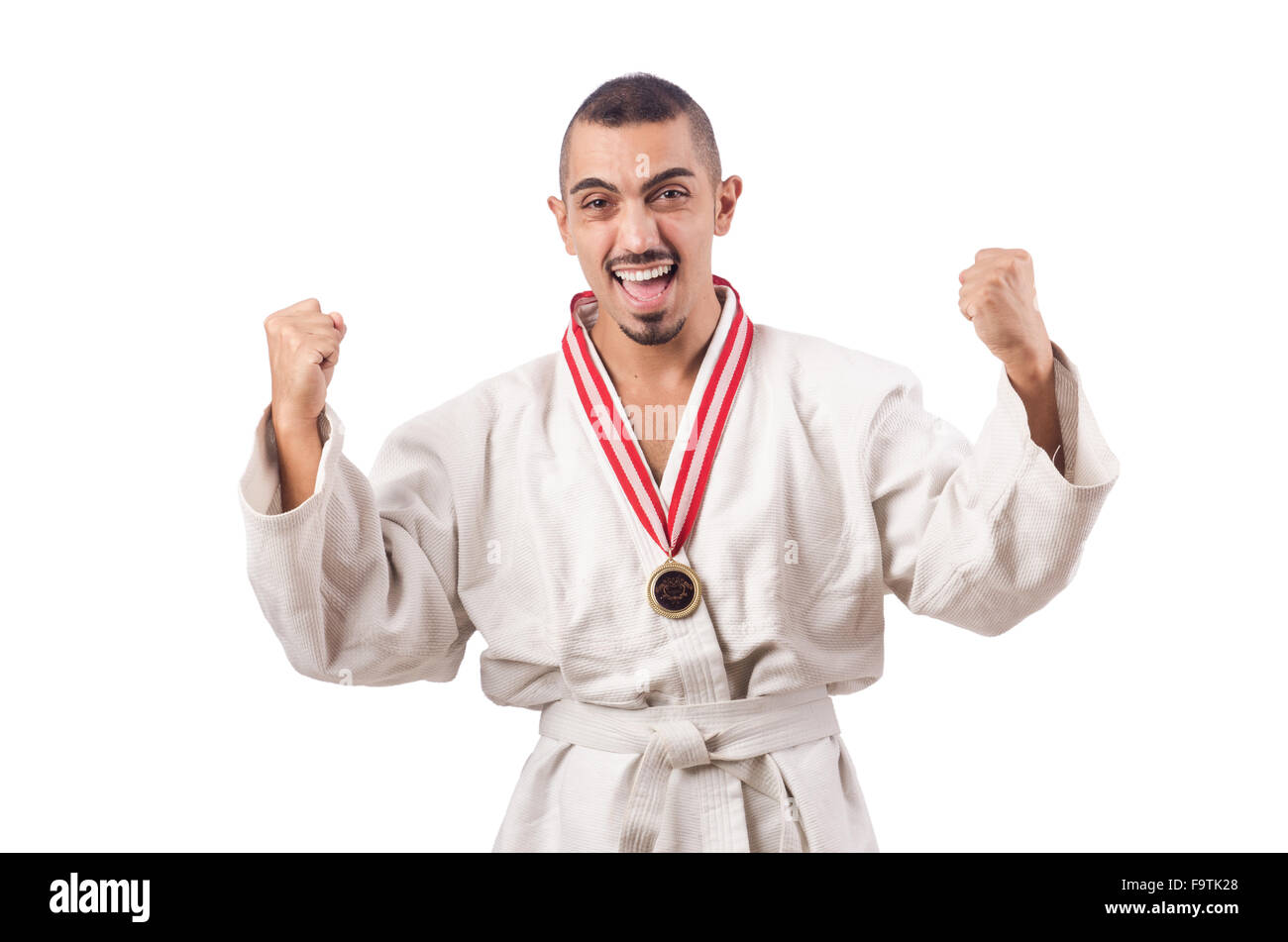 Funny karate fighter with cup on white Stock Photo - Alamy