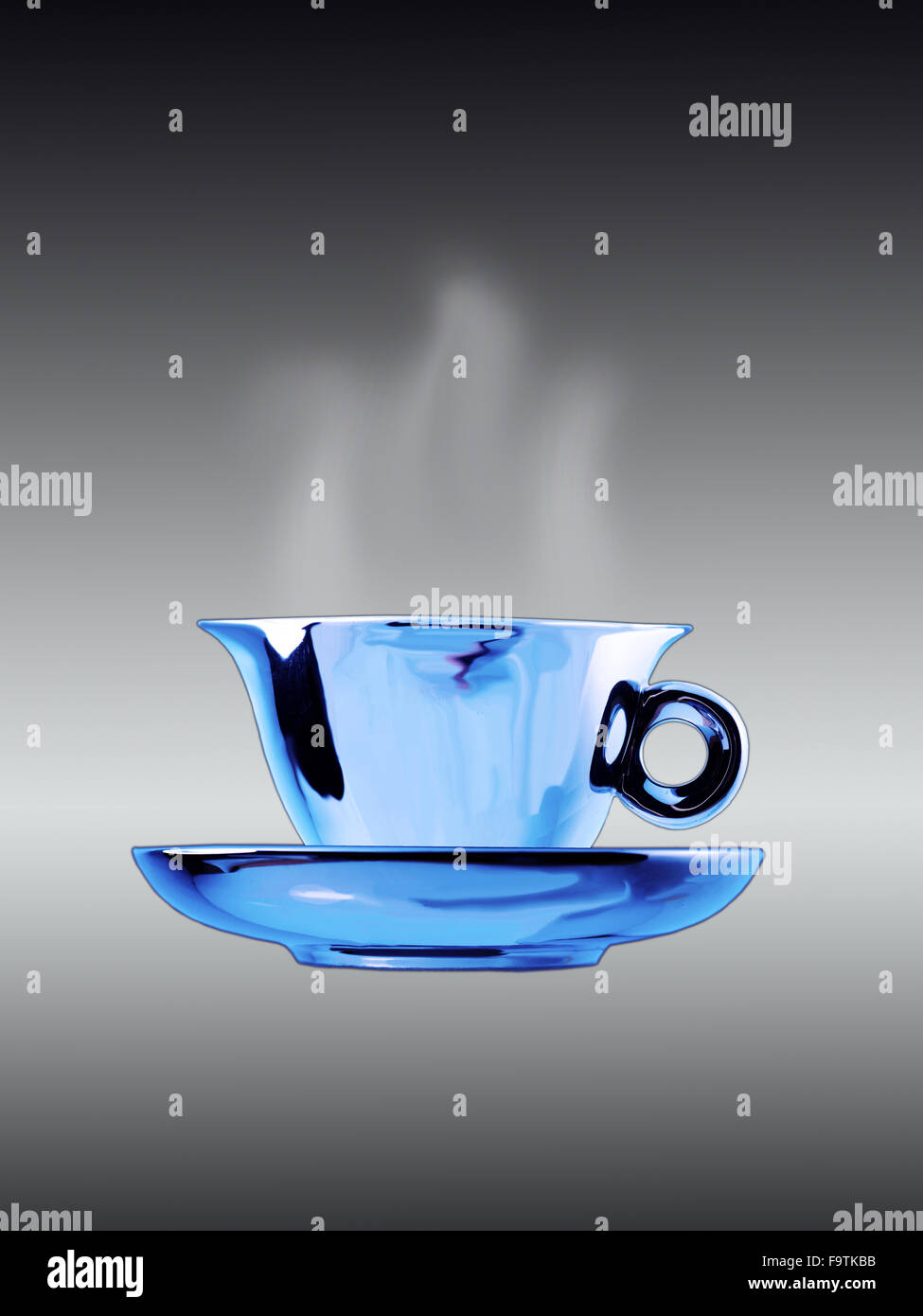 Bright metallic blue coloured tea cup and saucer front flat view against graduated grey background and steam rising Stock Photo