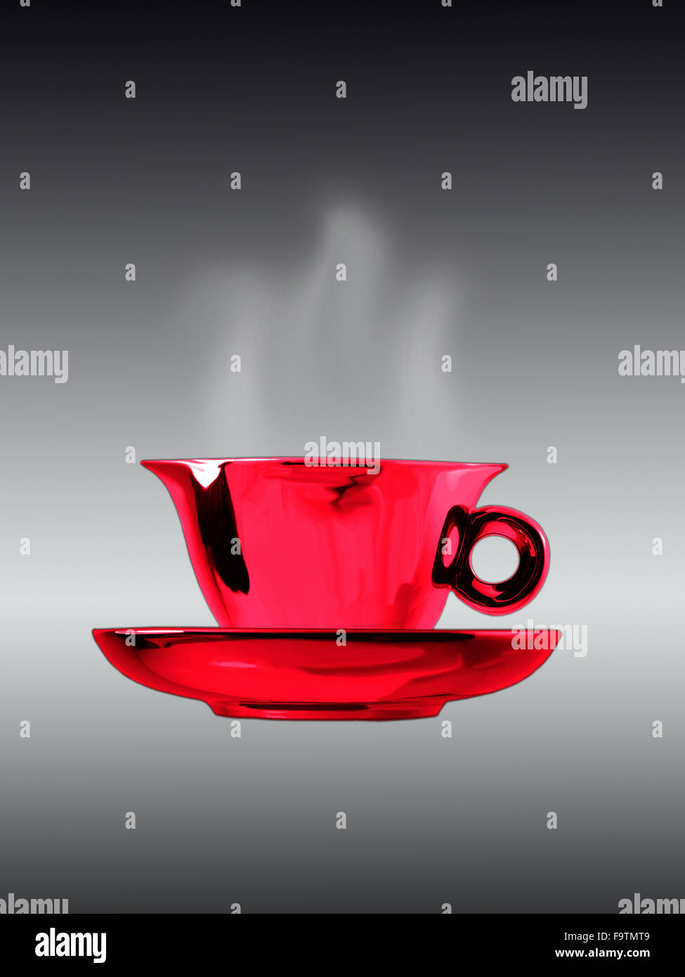 Bright metallic red coloured tea cup and saucer front flat view against graduated grey background and steam rising Stock Photo