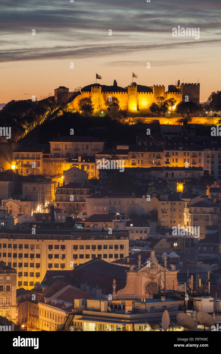 Before dawn in Lisbon, Portugal. Looking towards São Jorge castle. Stock Photo