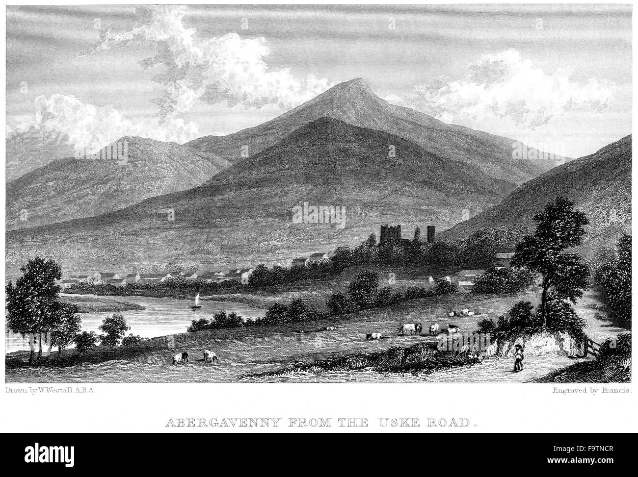 An engraving of Abergavenny from the Uske (Usk) Road scanned at high