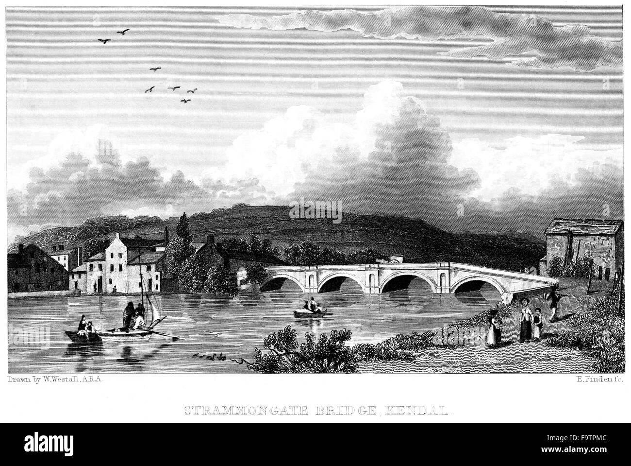An engraving of Strammongate (Stramongate) Bridge, Kendal scanned at high resolution from a book printed in 1834. Stock Photo