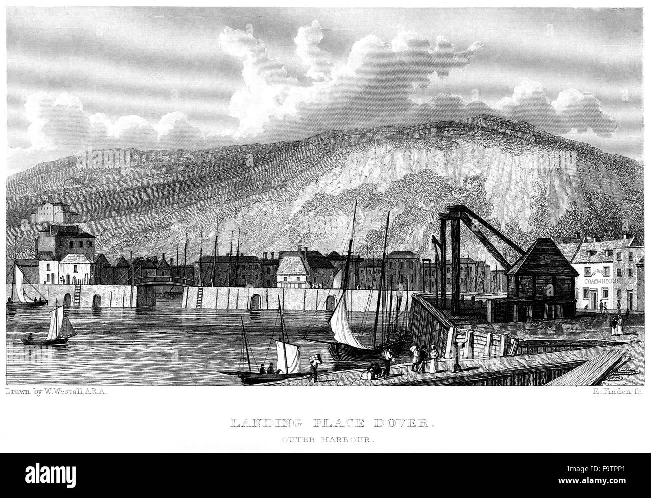 Engraving Landing Place, Dover, Outer Harbour scanned at high resolution from a book printed in 1834. Believed copyright free. Stock Photo