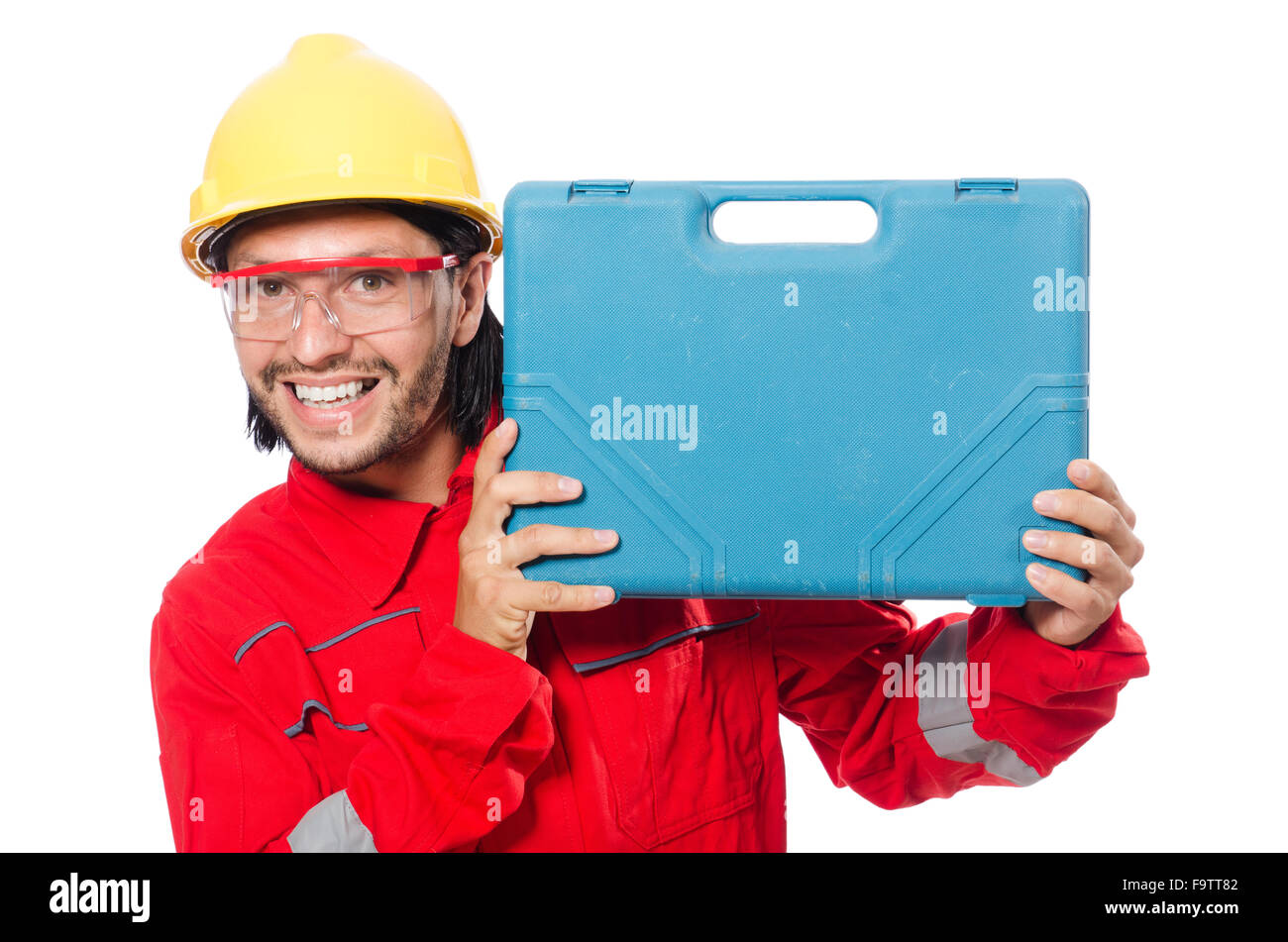 Man wearing red coveralls isolated on white Stock Photo - Alamy