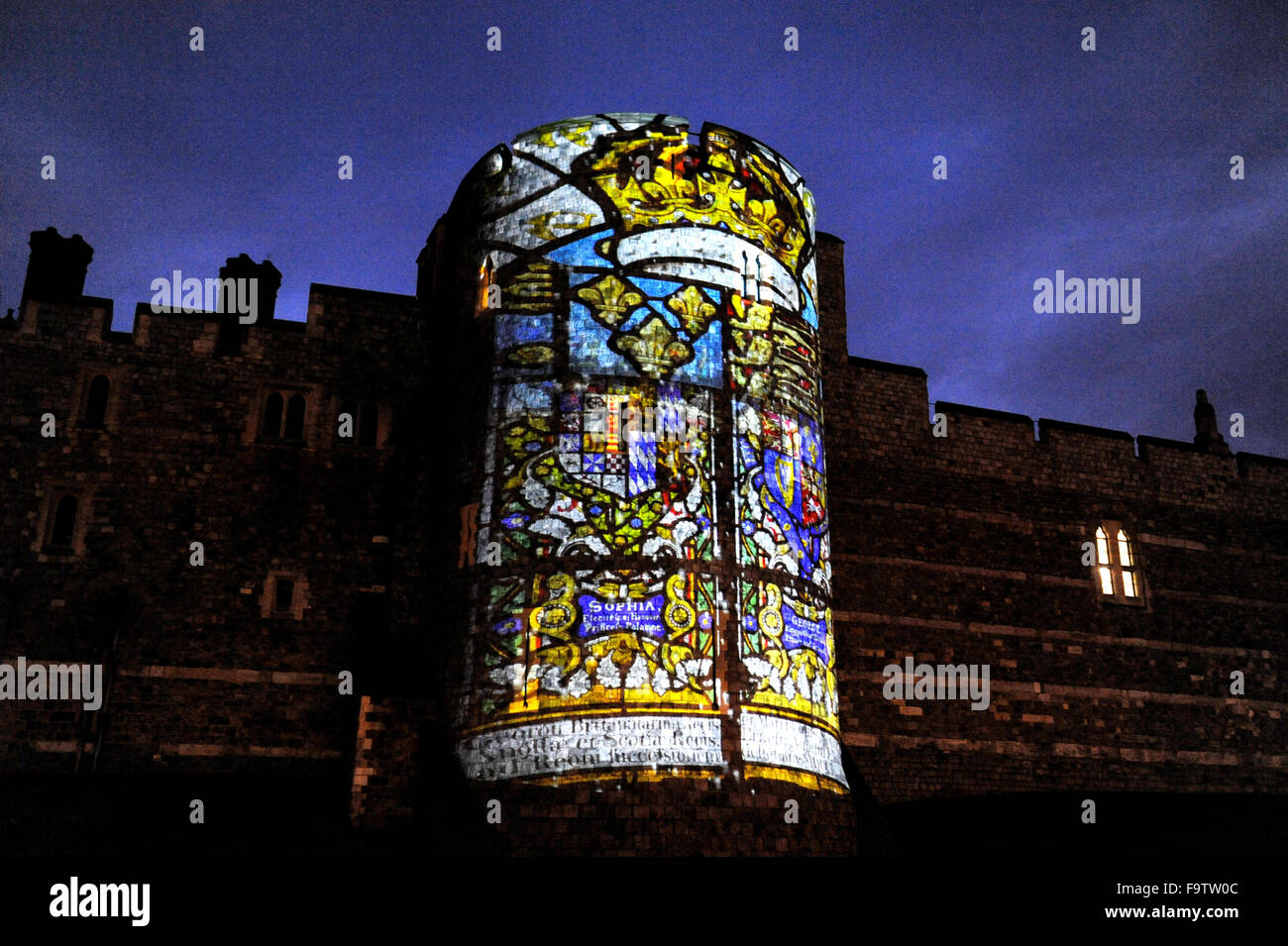 The projected images on side of Garter Tower at Windsor Castle