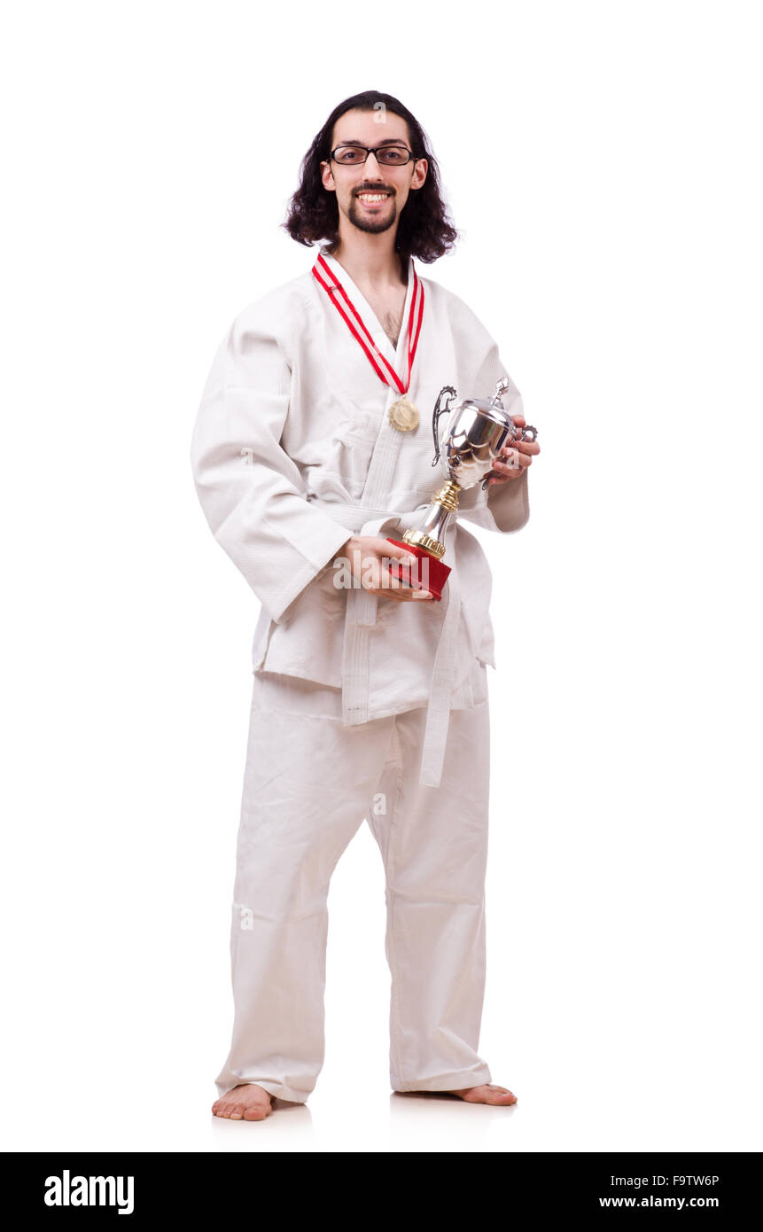 Funny karate fighter with cup on white Stock Photo - Alamy