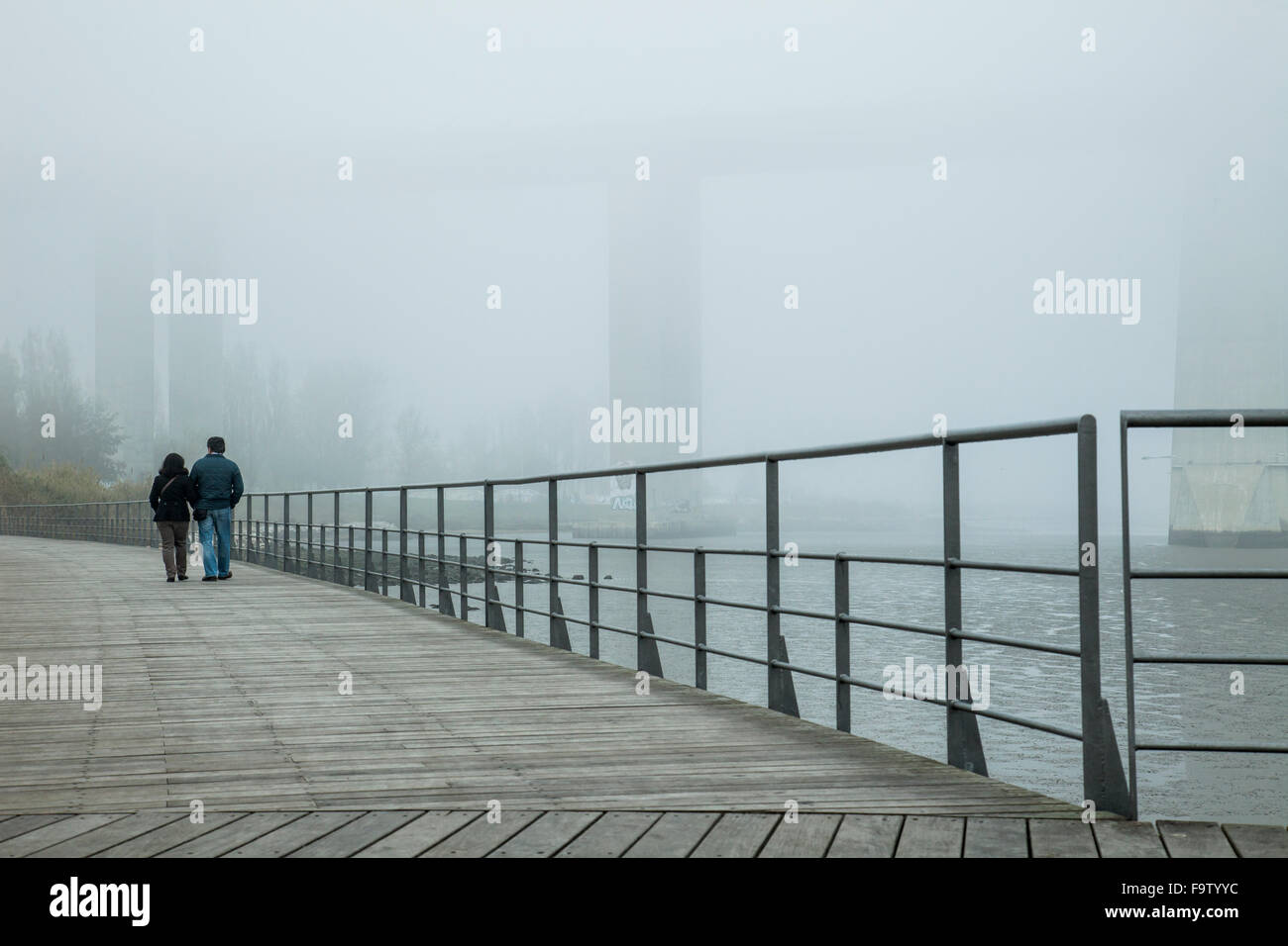 Foggy day in Tejo Park on Lisbon waterfront, Portugal. Stock Photo