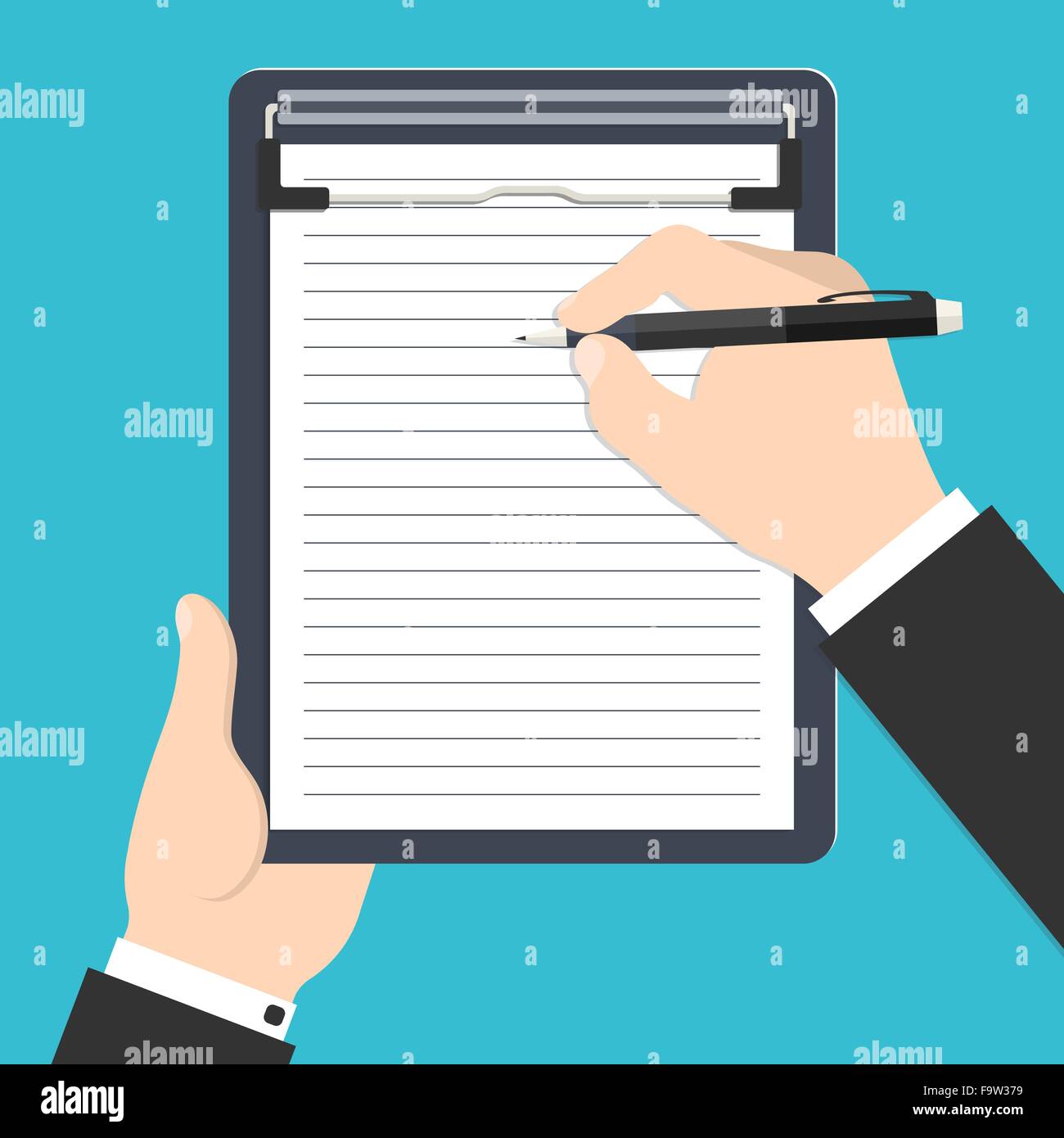 Vector illustration of businessman's hands holding clipboard and ...