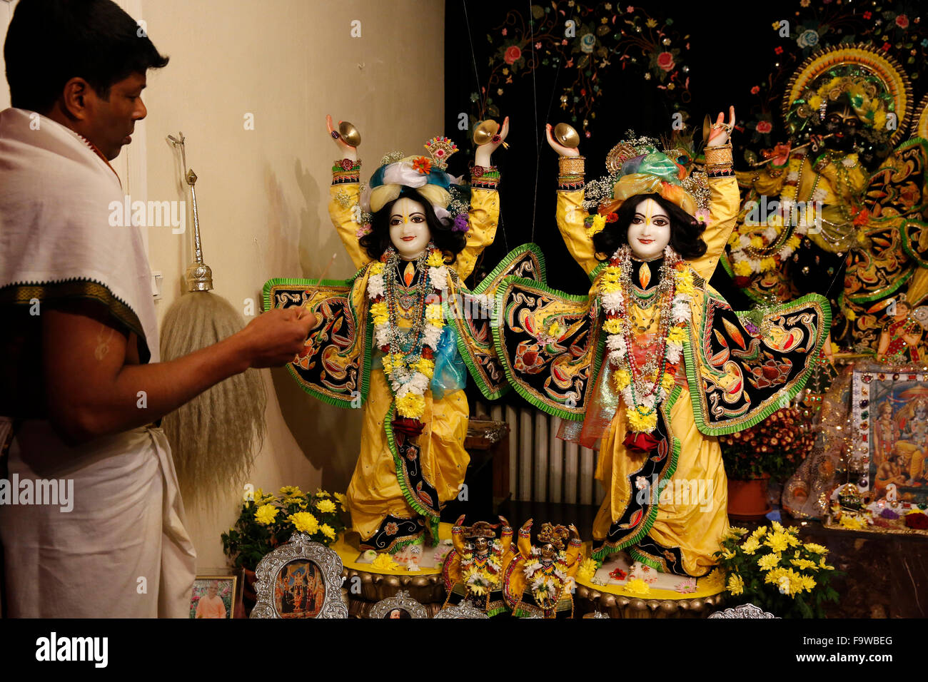 Celebration of Diwali festival in an ISKCON temple. The statues depict Gaura-Nitai Stock Photo