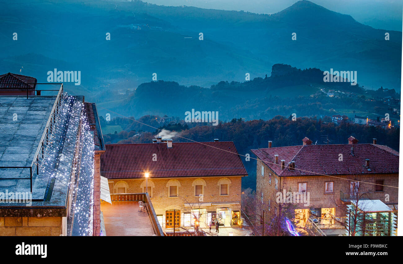Christmas lights and roofs of houses of the Republic of San Marino in a