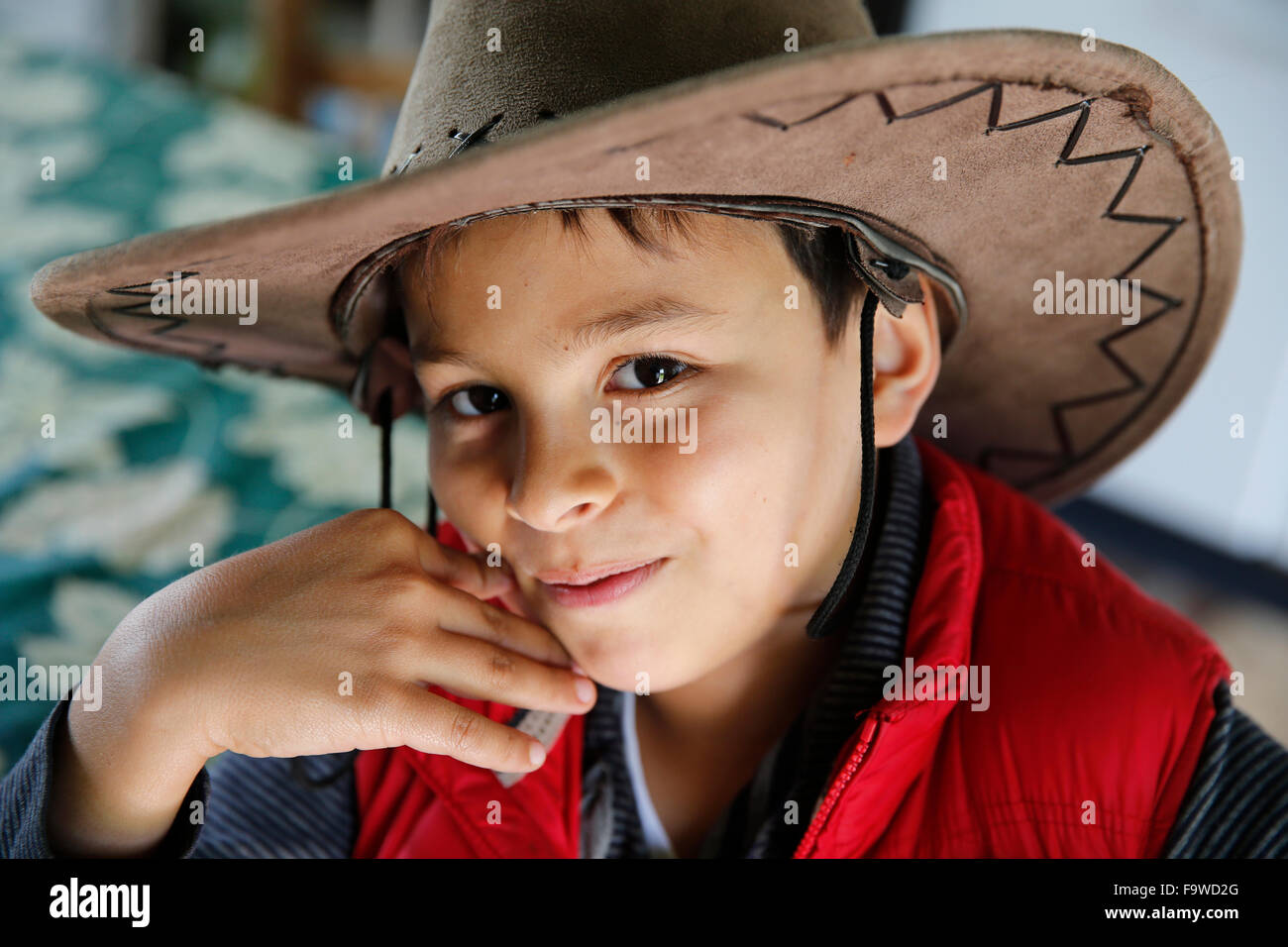 8-year-old boy wearing a hat. Stock Photo