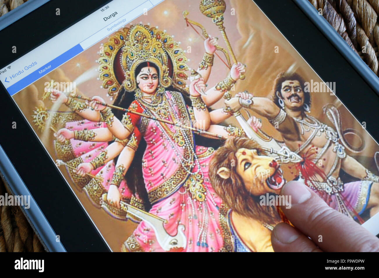 Hindu deity on an Ipad. Durga. Stock Photo