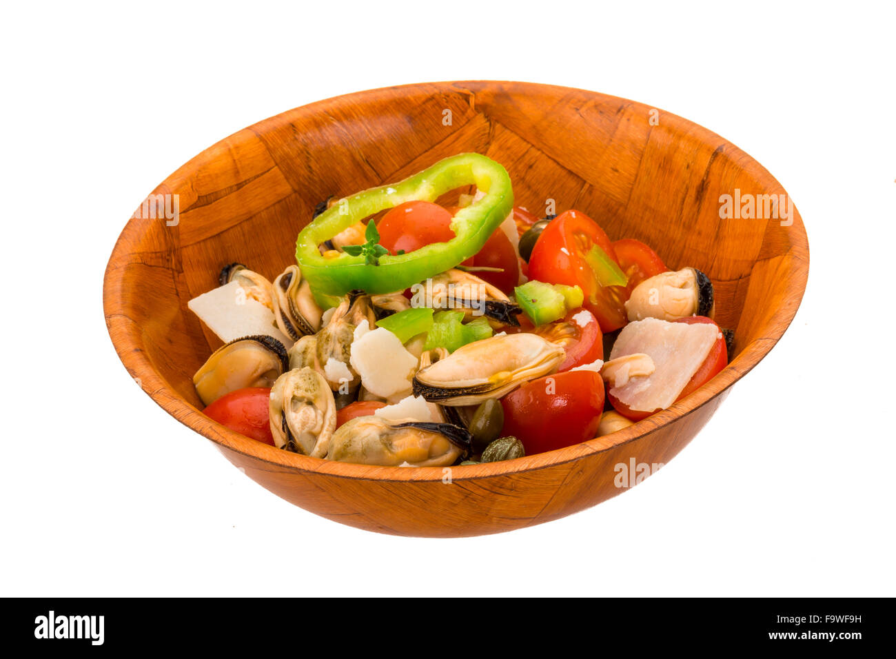 Mussells salad with tomato and cheese Stock Photo