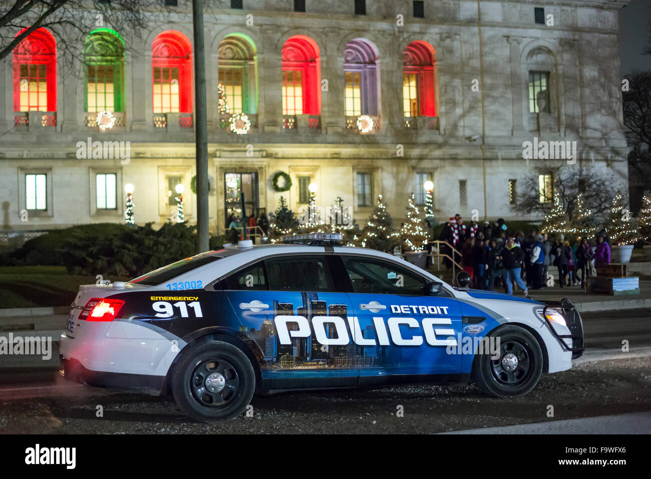 Detroit, Michigan - A Detroit police car in front of the Detroit Public Library during Noel Night, an annual holiday celebration Stock Photo