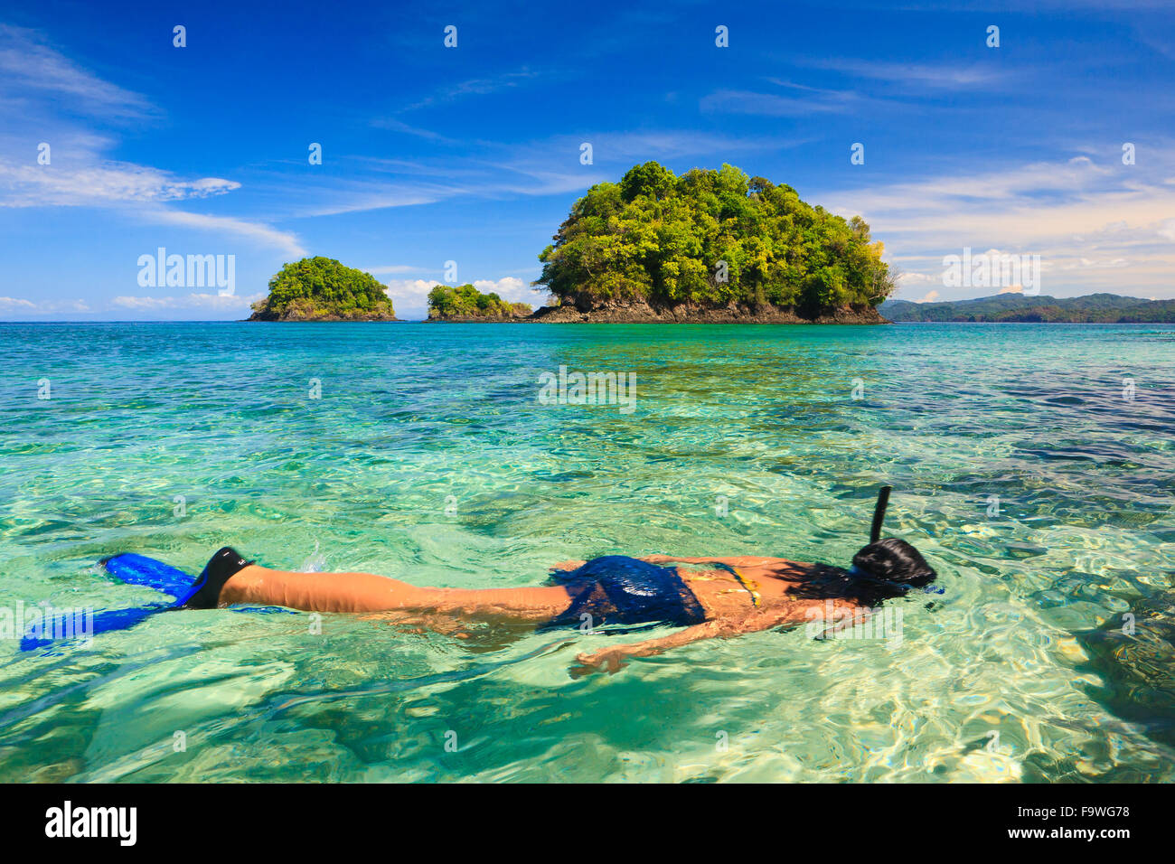 Snorkeling at Isla Canal de Afuera, Pacific ocean, Coiba national park, Veraguas province, Republic of Panama. Stock Photo