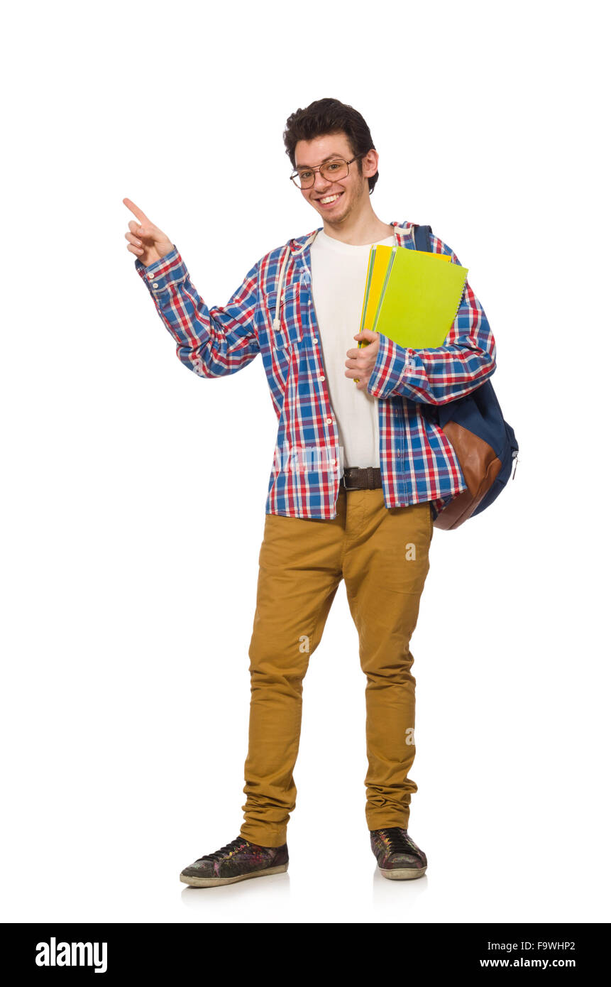 Student with books and backpack isolated on white Stock Photo - Alamy