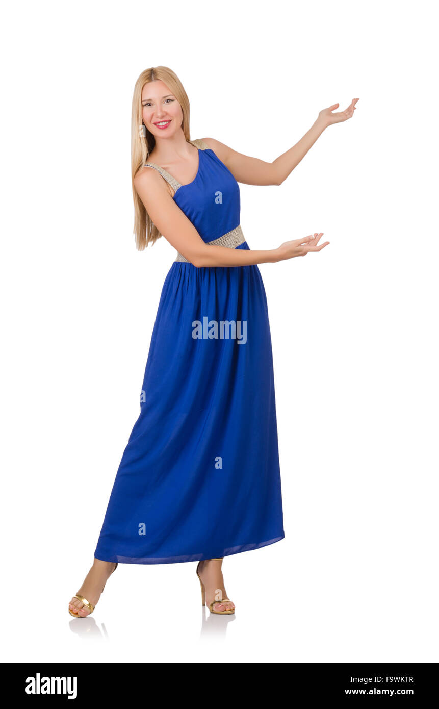 Beautiful woman in long blue dress isolated on white Stock Photo - Alamy
