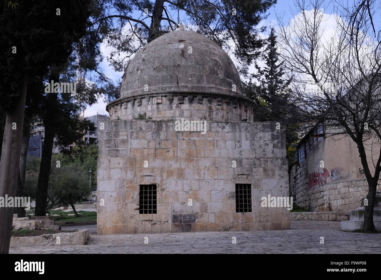 View of the Tomb of emir Aidughdi Kubaki in Mamilla Cemetery a historic Muslim cemetery located in the center of west Jerusalem Israel. The cemetery contains the remains of figures from the early Islamic period, Sufi shrines and Mamluk era tombs. Stock Photo