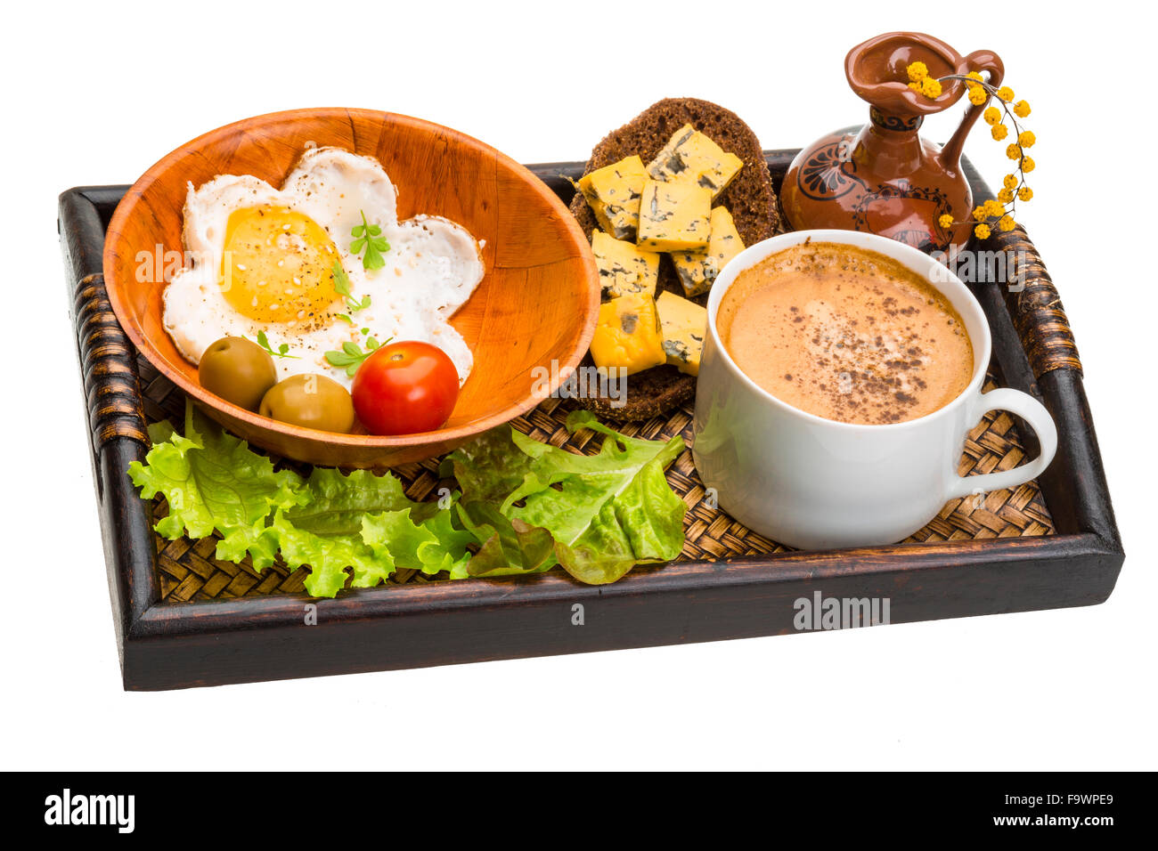 Breakfast with coffee, egg and cheese isolated Stock Photo - Alamy