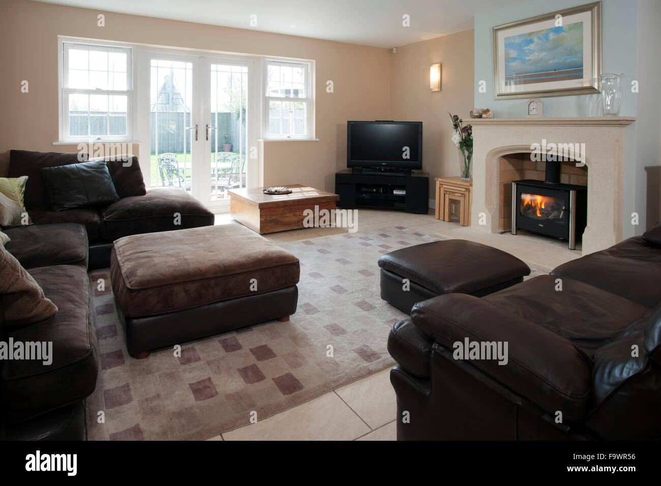 Contemporary sitting room, no curtains. Stock Photo