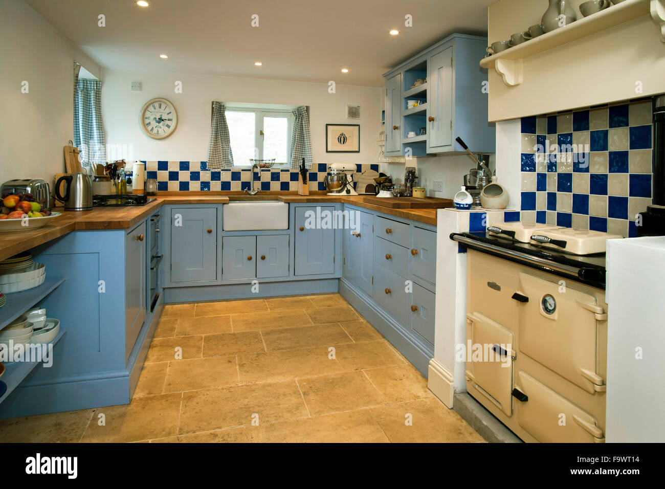 Blue paint finished kitchen. Stock Photo