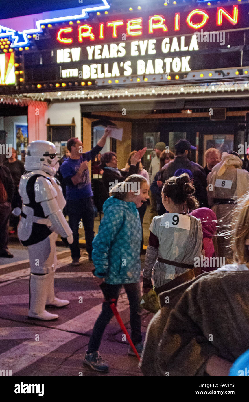 Bar Harbor, Maine, USA. 18th December, 2015. Fans celebrate the opening night of Star Wars: The Force Awakens at the historic Criterion Theater.  Credit: Jennifer Booher/Alamy Live News Stock Photo