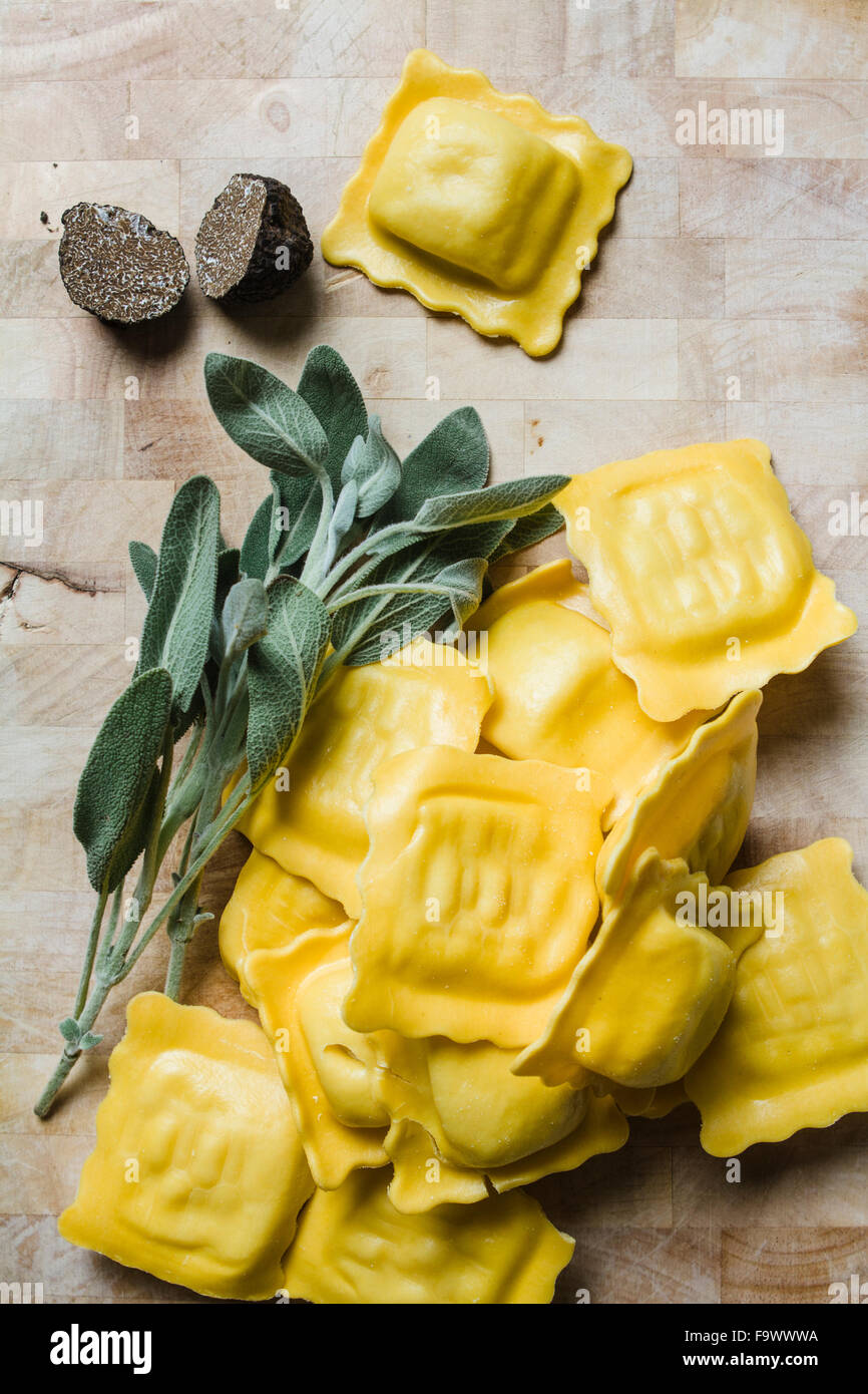 Homemade ravioli filled with black truffle and sage Stock Photo Alamy