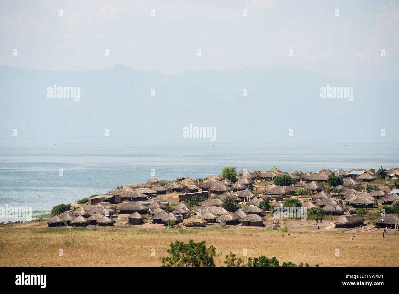 Grass huts in Ntoroko town on the shore of  Lake Albert, Uganda Stock Photo