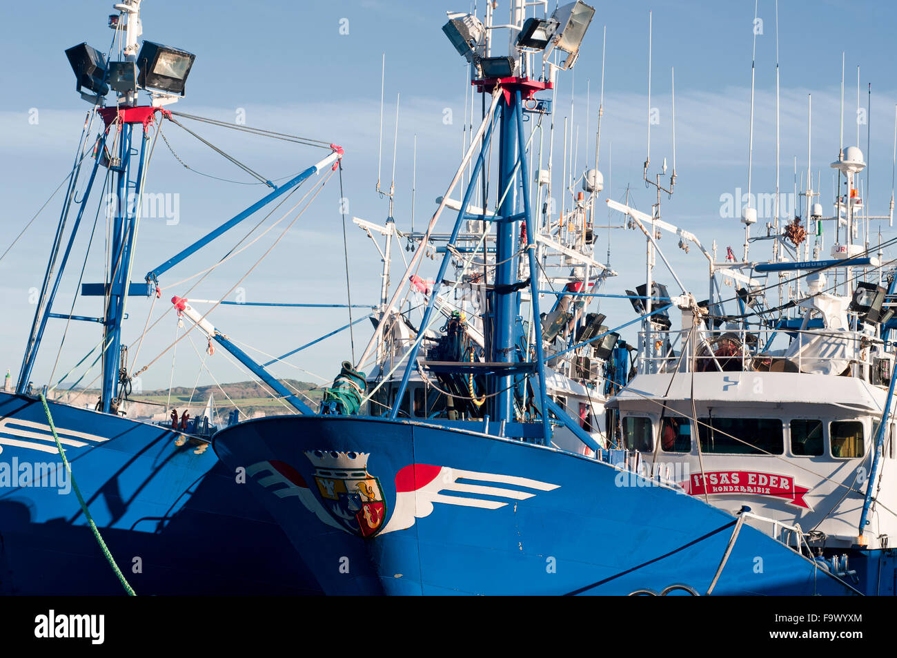 Horizontal picture of commercial tuna fishing vessels in port. Hondarribia, Basque Country, Spain. Stock Photo
