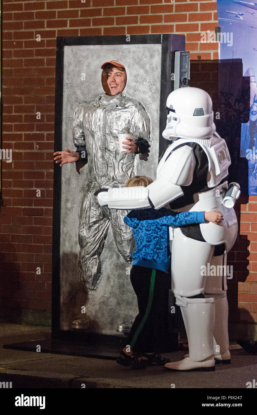 Bar Harbor, Maine, USA. 18th December, 2015. Fans celebrate the opening night of Star Wars: The Force Awakens at the historic Criterion Theater with a photo booth shaped like Han Solo frozen in carbonite.  Credit: Jennifer Booher/Alamy Live News Stock Photo