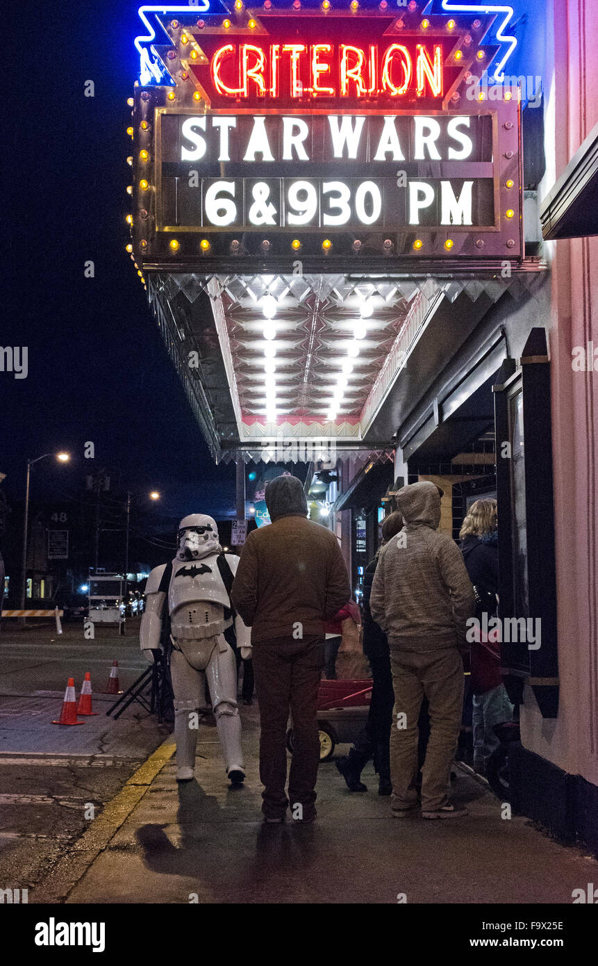 Bar Harbor, Maine, USA. 18th December, 2015. Fans celebrate the opening night of Star Wars: The Force Awakens at the historic Criterion Theater.  Credit: Jennifer Booher/Alamy Live News Stock Photo