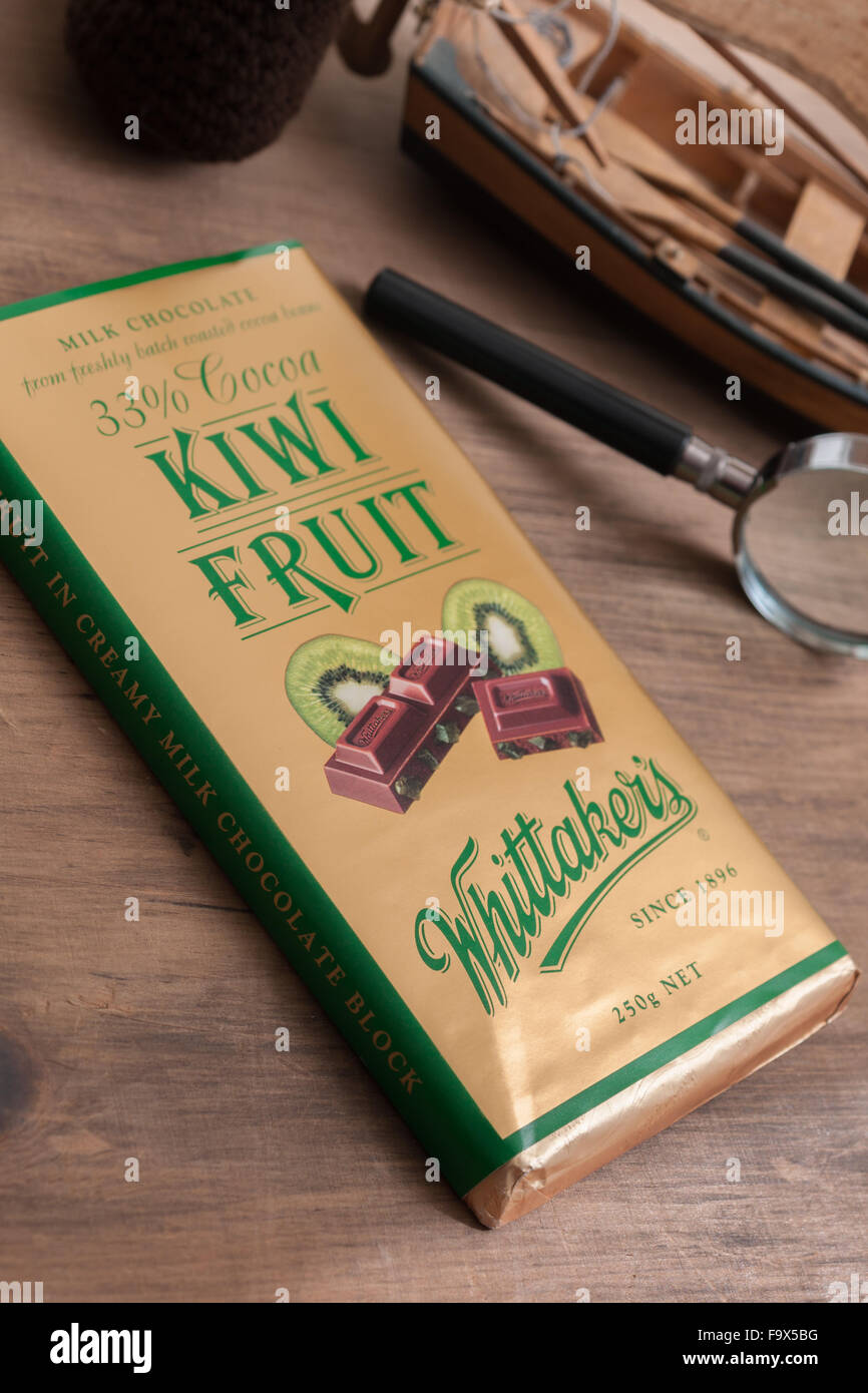 Whittaker's Kiwi fruit chocolate block. J.H. Whittaker & Sons, Ltd is a confectionery manufacturer of chocolate based in Porirua Stock Photo