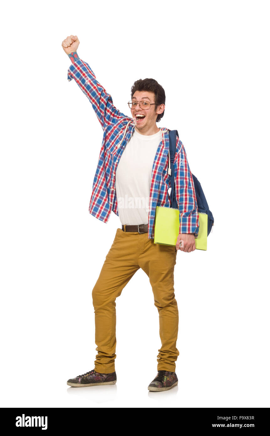 Student with books and backpack isolated on white Stock Photo - Alamy