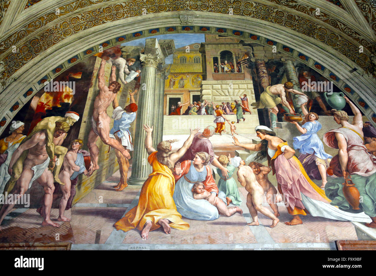 Fresco in the Room of the Fire in the Borgo in the Vatican Museum. Stock Photo